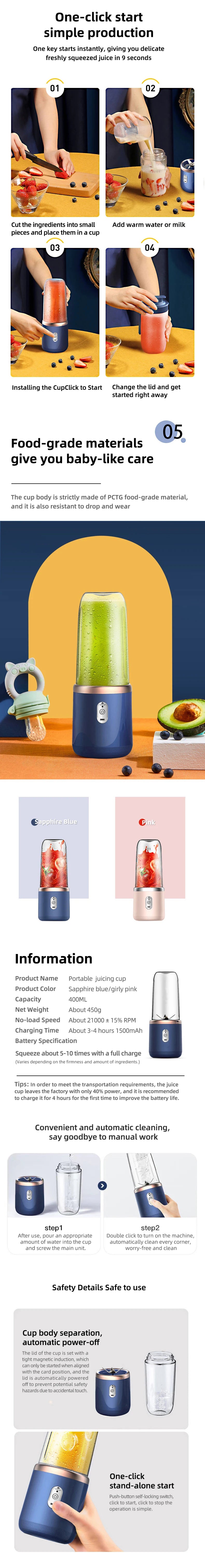 Portable Blender Bottle Electric 6 Blades Multifunction Juice Blender Fresh Juic